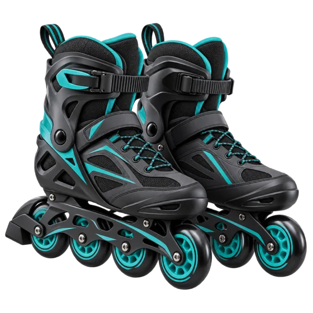 Black inline skates have teal wheels and trim