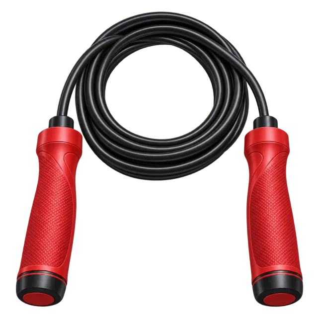 A coiled black skipping rope has red handles