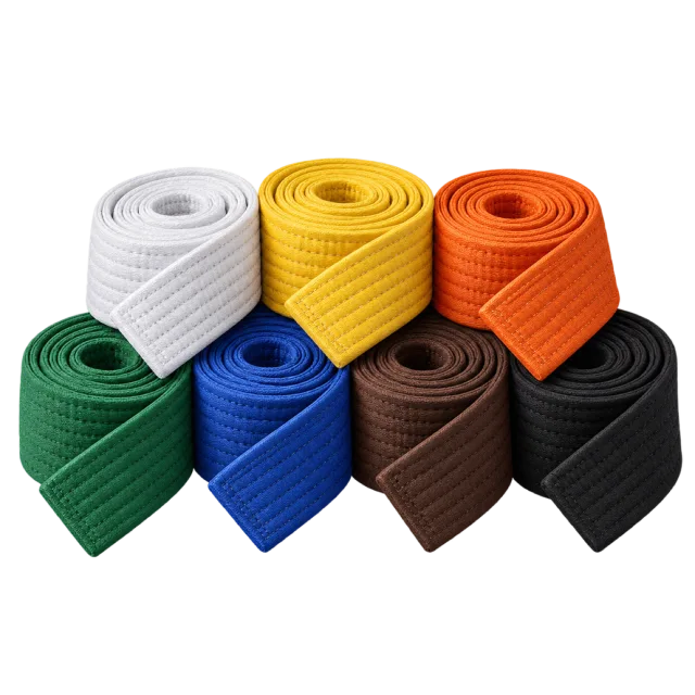 Rolled martial arts belts are arranged in several colors