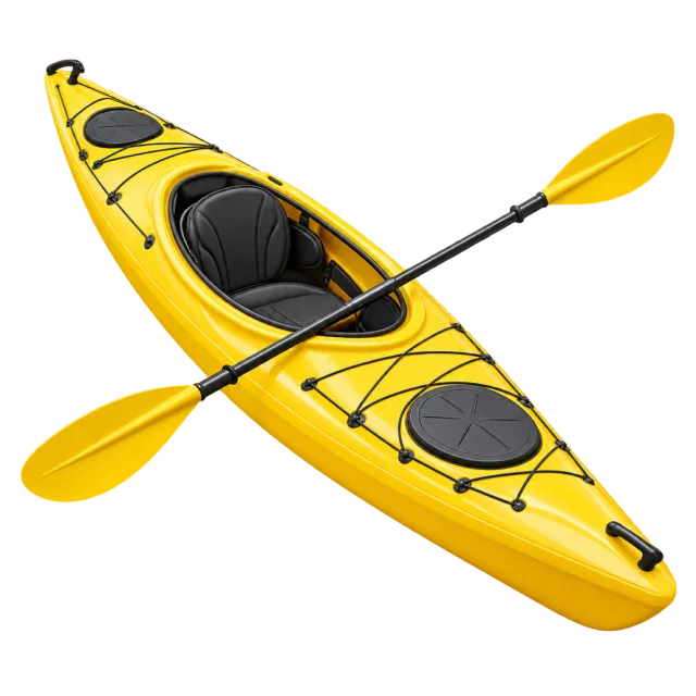 A yellow kayak sits with a double-ended paddle