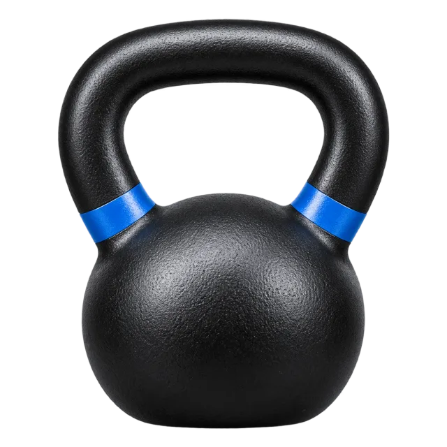 A black kettlebell has blue accents near its handle