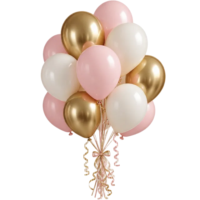 Realistic-style bouquet of blush pink, white and metallic gold balloons with curling ribbons on a transparent background