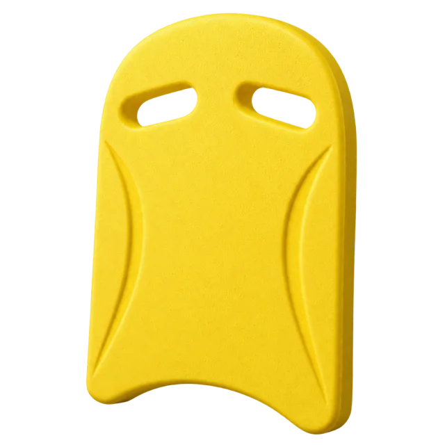 A yellow swim kickboard has two grip openings