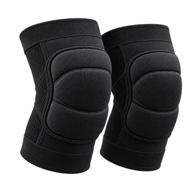 Two black padded knee supports stand side by side