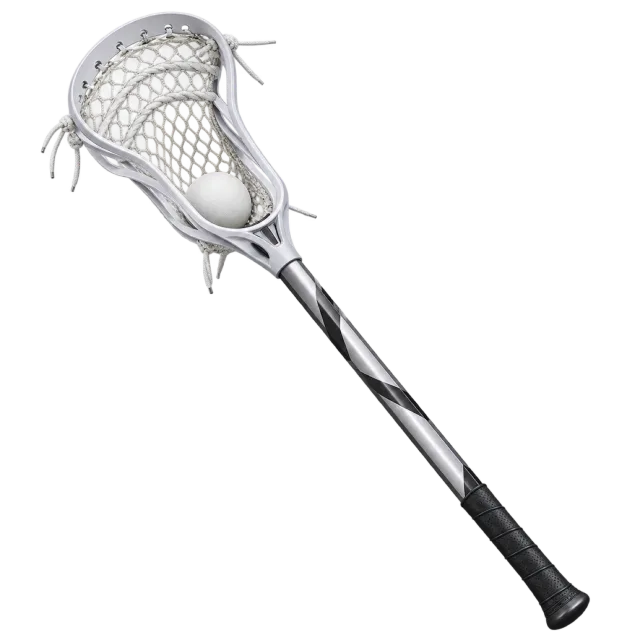 A lacrosse stick has a pale netted head