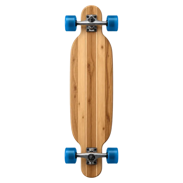 A wooden longboard has blue wheels