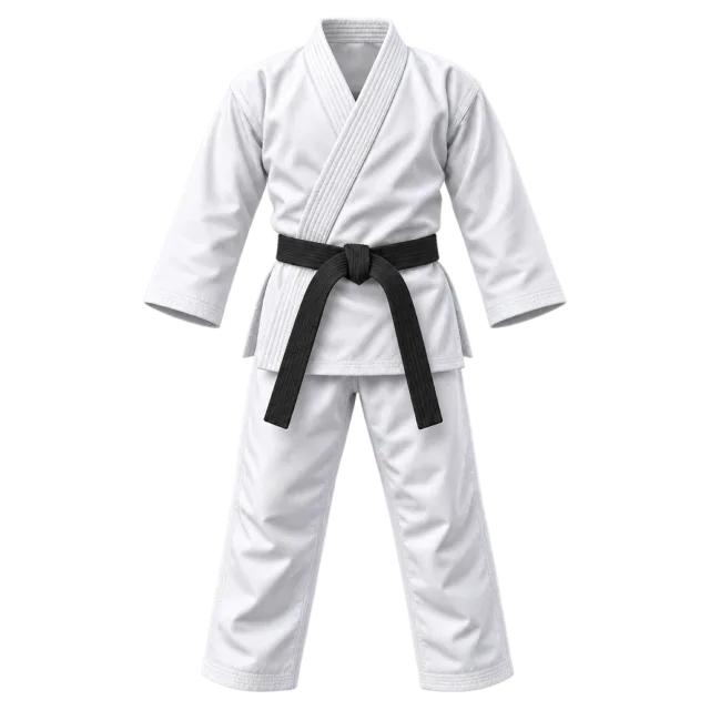 A white martial arts uniform is tied with a black belt