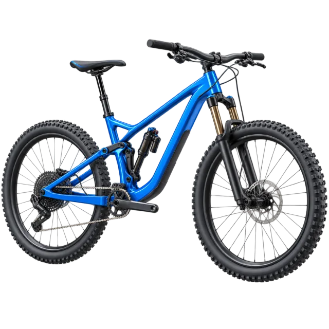 A blue mountain bicycle has thick tires and suspension
