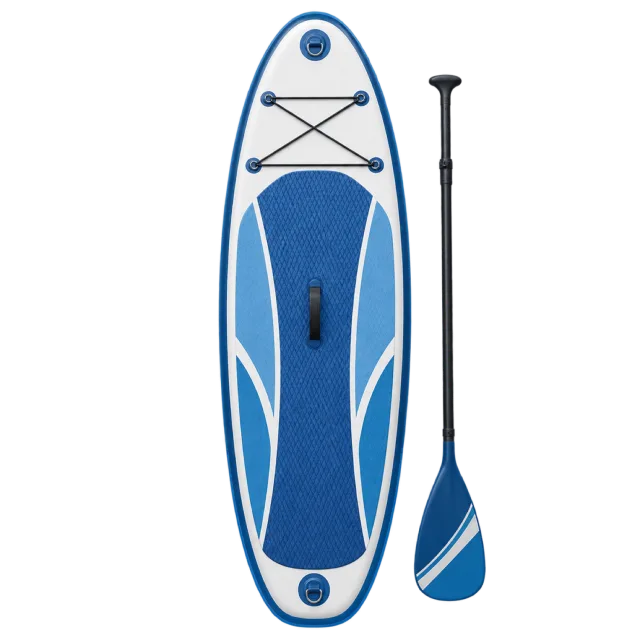A blue and white paddleboard stands beside its paddle