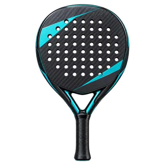 A black and turquoise padel racket has a perforated face