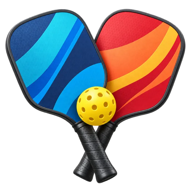Two colorful pickleball paddles sit with a yellow perforated ball