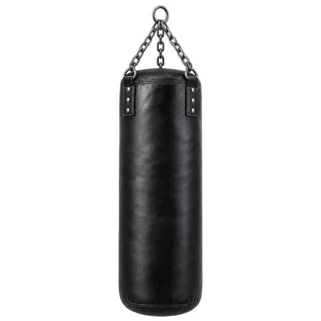 A black punching bag hangs from chains