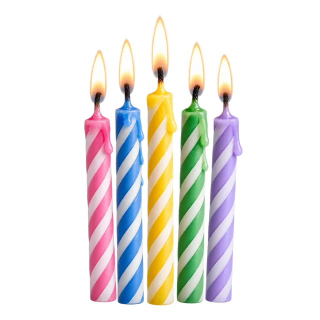 Five realistic-style striped candles in pink, blue, yellow, green and purple with glowing flames on a transparent background