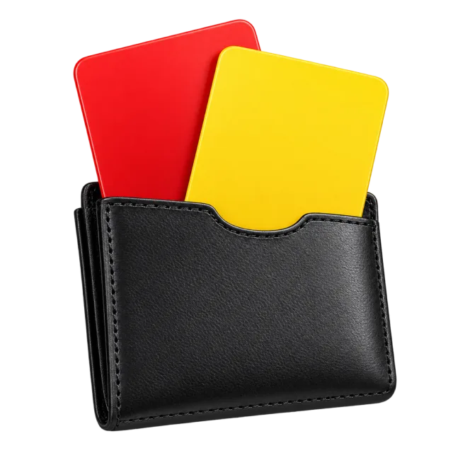 Red and yellow referee cards sit inside a black wallet