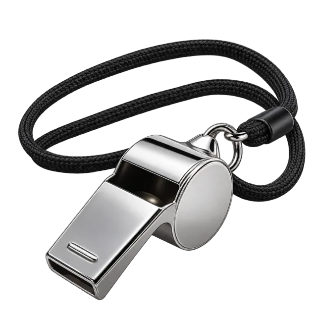 A silver-colored whistle hangs from a black cord