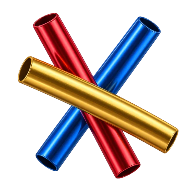 Red, blue and gold-colored relay batons cross