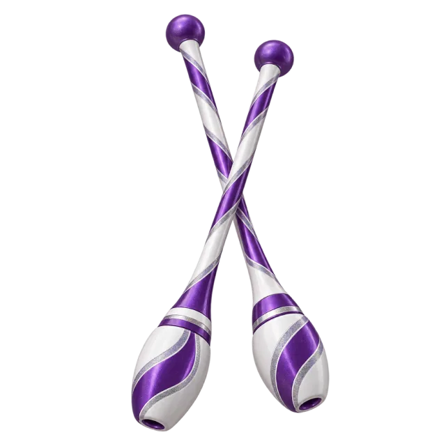 Two purple and white gymnastics clubs cross