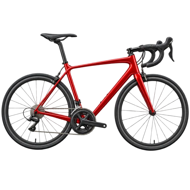 A red road bicycle has narrow tires and drop handlebars