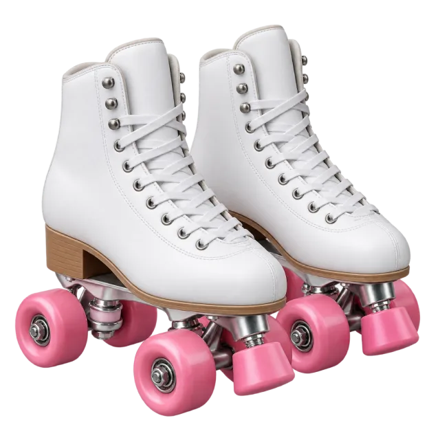White roller skates have pink wheels