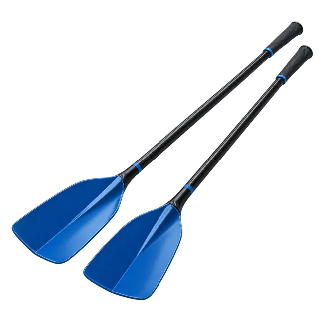 Two blue-bladed rowing oars cross