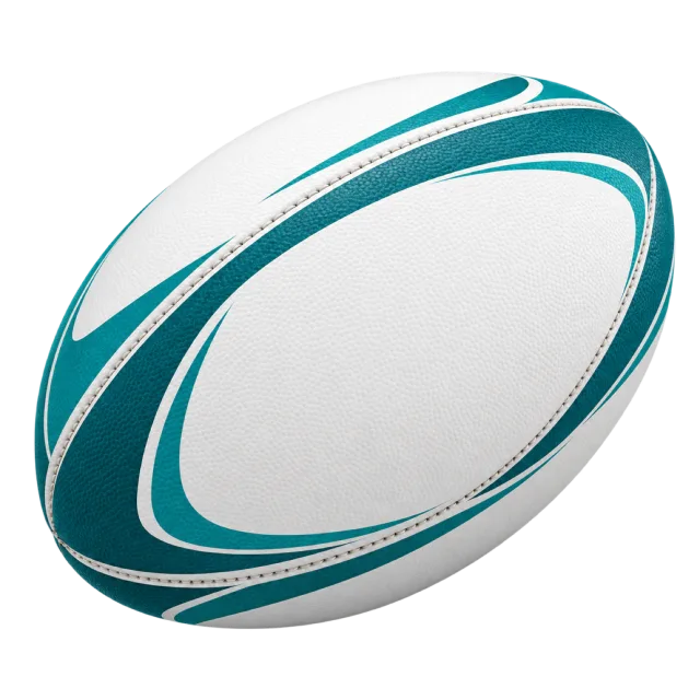 A white rugby ball has teal curved stripes