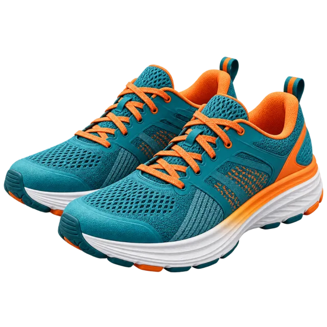 Teal running shoes have orange laces and trim