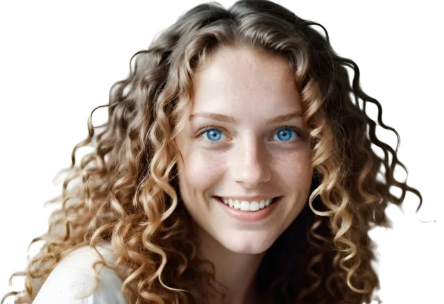 Smiling girl with loose brown curls and a white collared top on a transparent background