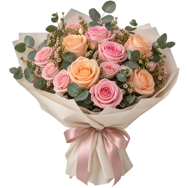 Realistic-style pink and peach rose bouquet with greenery, cream wrapping and a satin pink bow on a transparent background