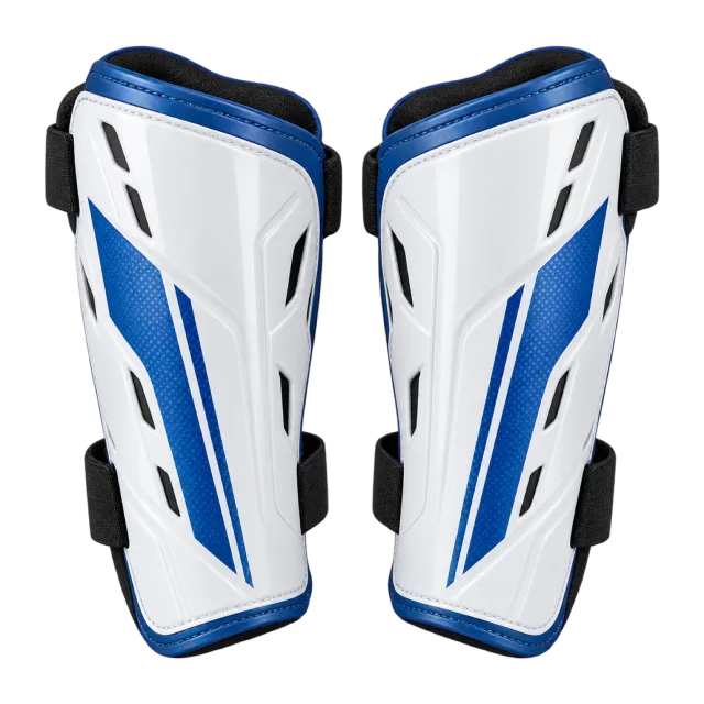 White shin guards have blue panels and black straps