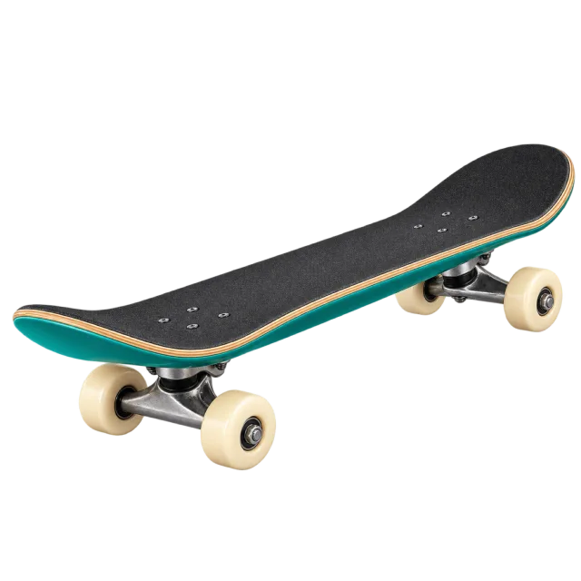 A skateboard has dark grip tape and pale wheels