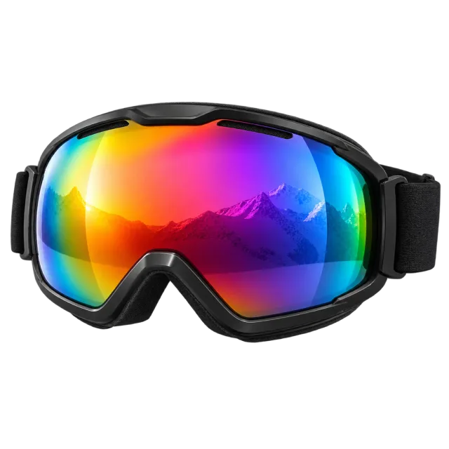 Ski goggles have a rainbow-reflective lens and black strap