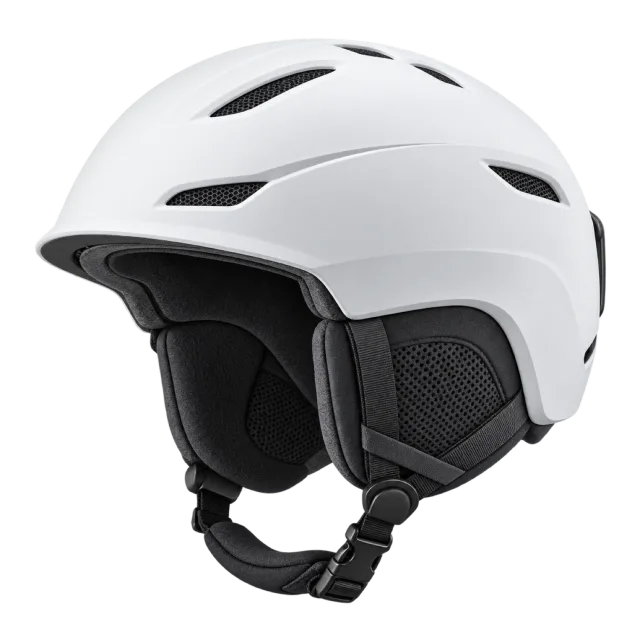 A white ski helmet has black padded ear sections