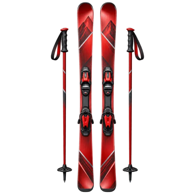 Red skis stand beside matching poles
