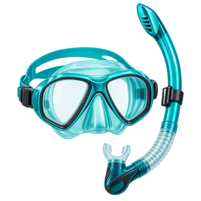 A clear snorkel mask has turquoise trim and matching snorkel