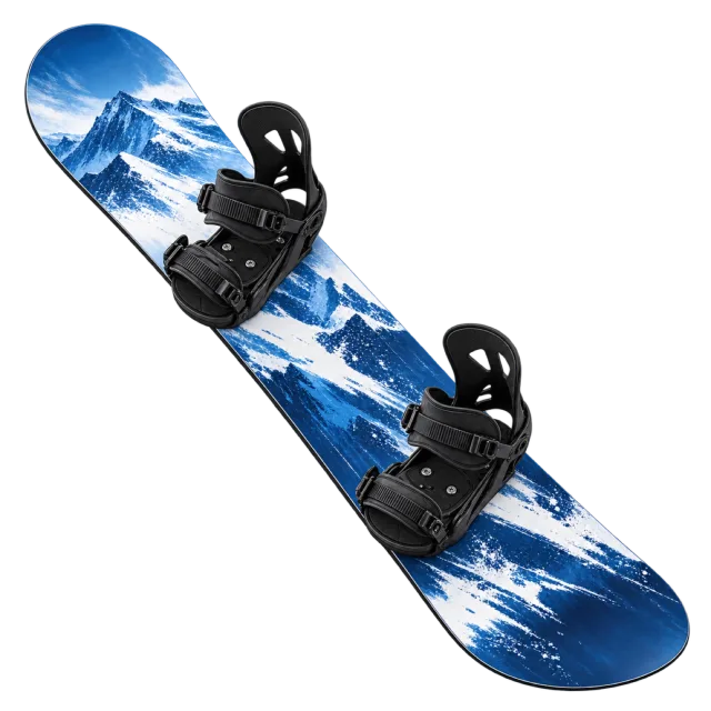 A blue mountain-patterned snowboard has black bindings