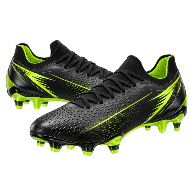 Black soccer boots have bright lime accents