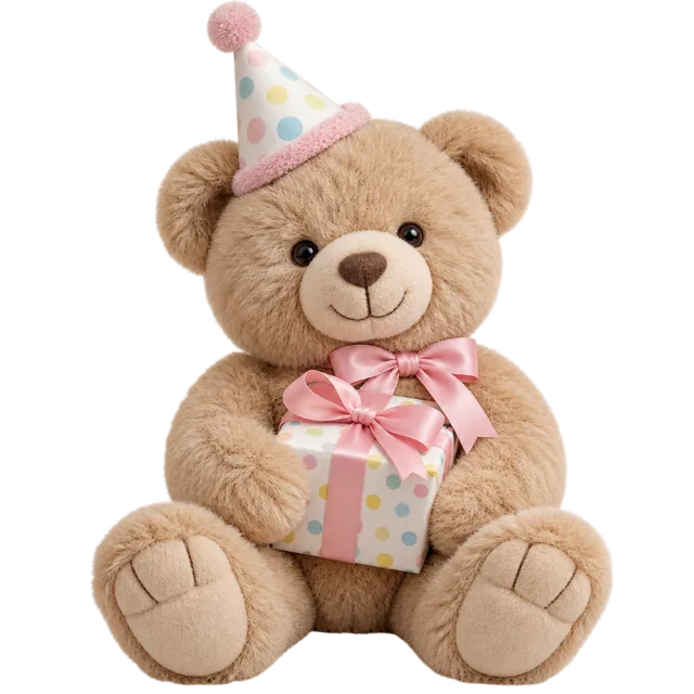 Realistic-style plush brown teddy wearing a pastel party hat and holding a gift with a pink bow on a transparent background
