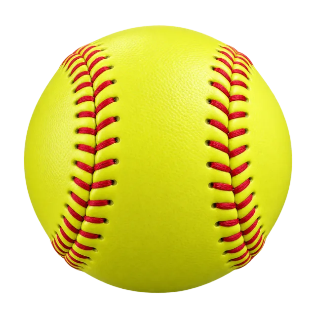 A yellow softball has red stitching