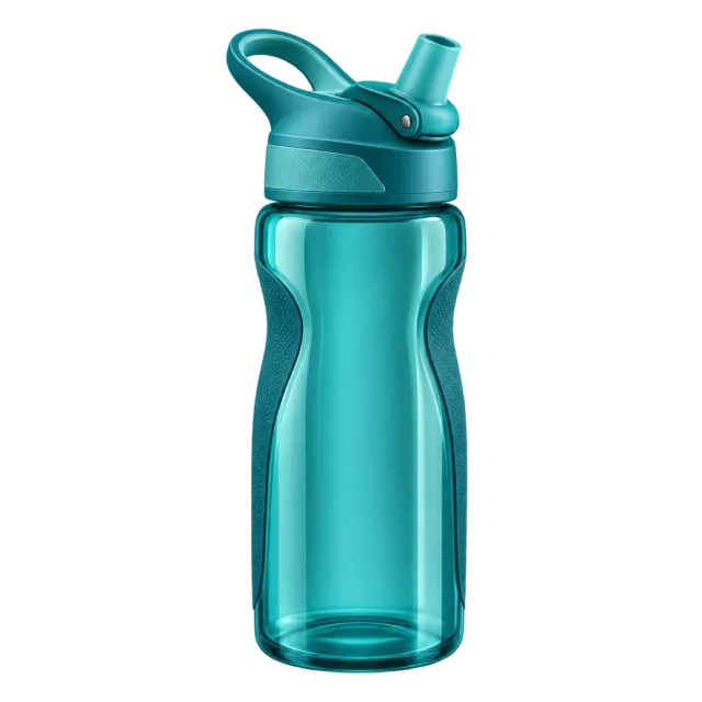 A translucent teal sports bottle has a flip-style lid
