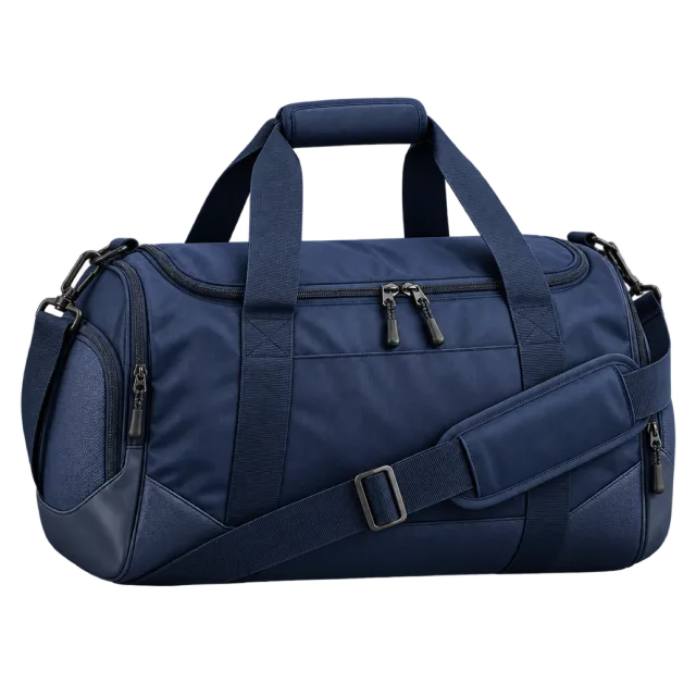 A navy sports duffel has handles and a shoulder strap
