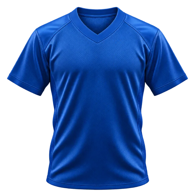A plain blue sports jersey has a V-neck