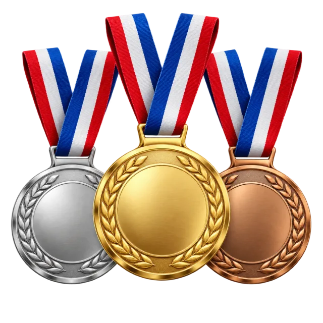 Gold, silver and bronze-colored medals hang from striped ribbons