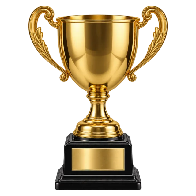 A gold-colored two-handled trophy stands on a black base