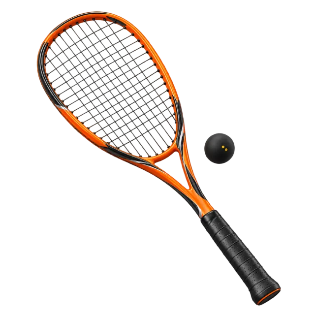 An orange squash racket sits beside a small black ball