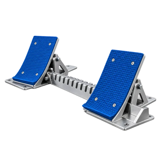 Blue footplates sit on a metal starting-block rail