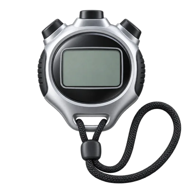 A silver-colored stopwatch has a dark screen and wrist cord