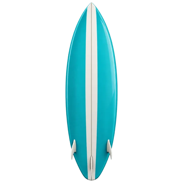 A turquoise surfboard has a cream center stripe