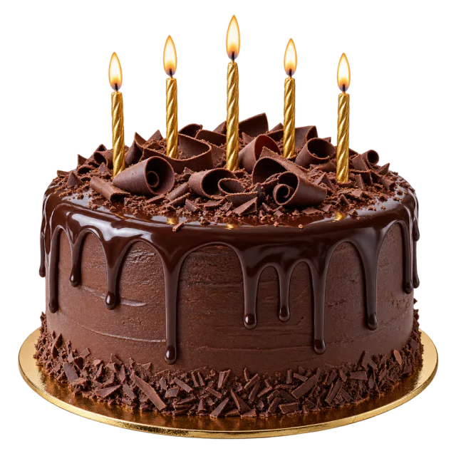 Realistic-style round chocolate cake with glossy drip icing, chocolate curls and lit gold candles on a transparent background