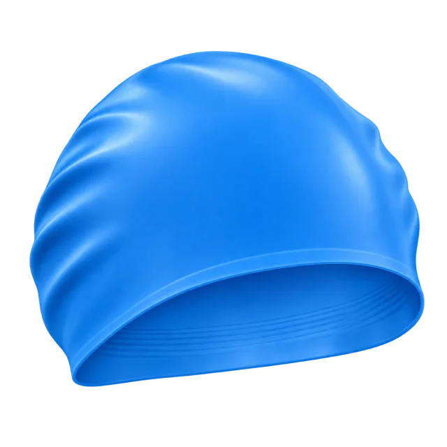 A blue swim cap has a smooth rounded shape