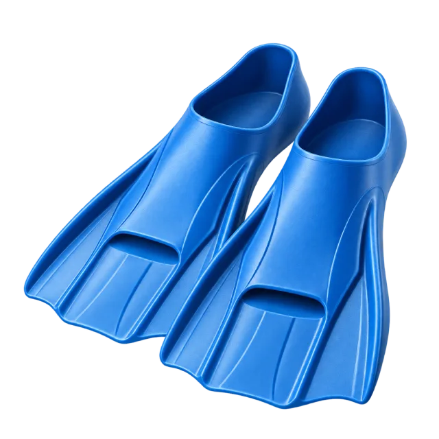 A pair of blue swim fins has broad blades
